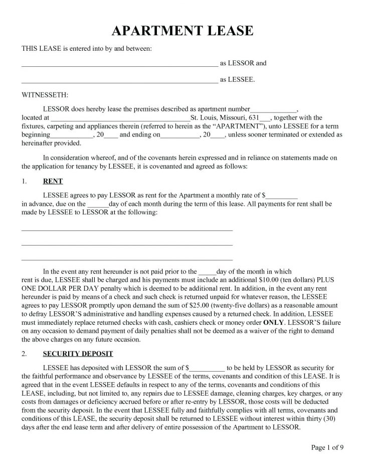 Apartment Lease Agreement Free Printable