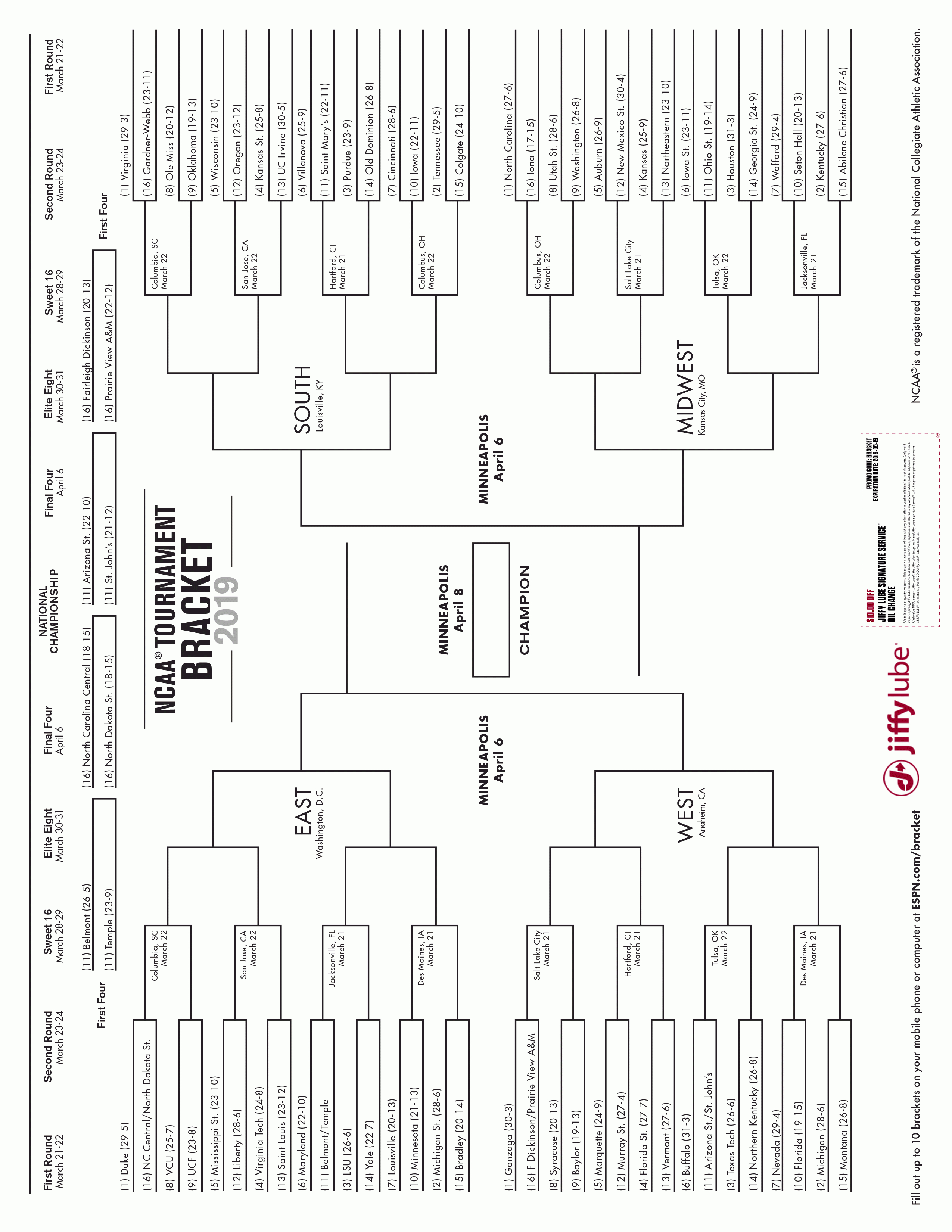 2019 Ncaa Tournament Bracket - March Madness - Espn - Free Printable Brackets Ncaa Basketball