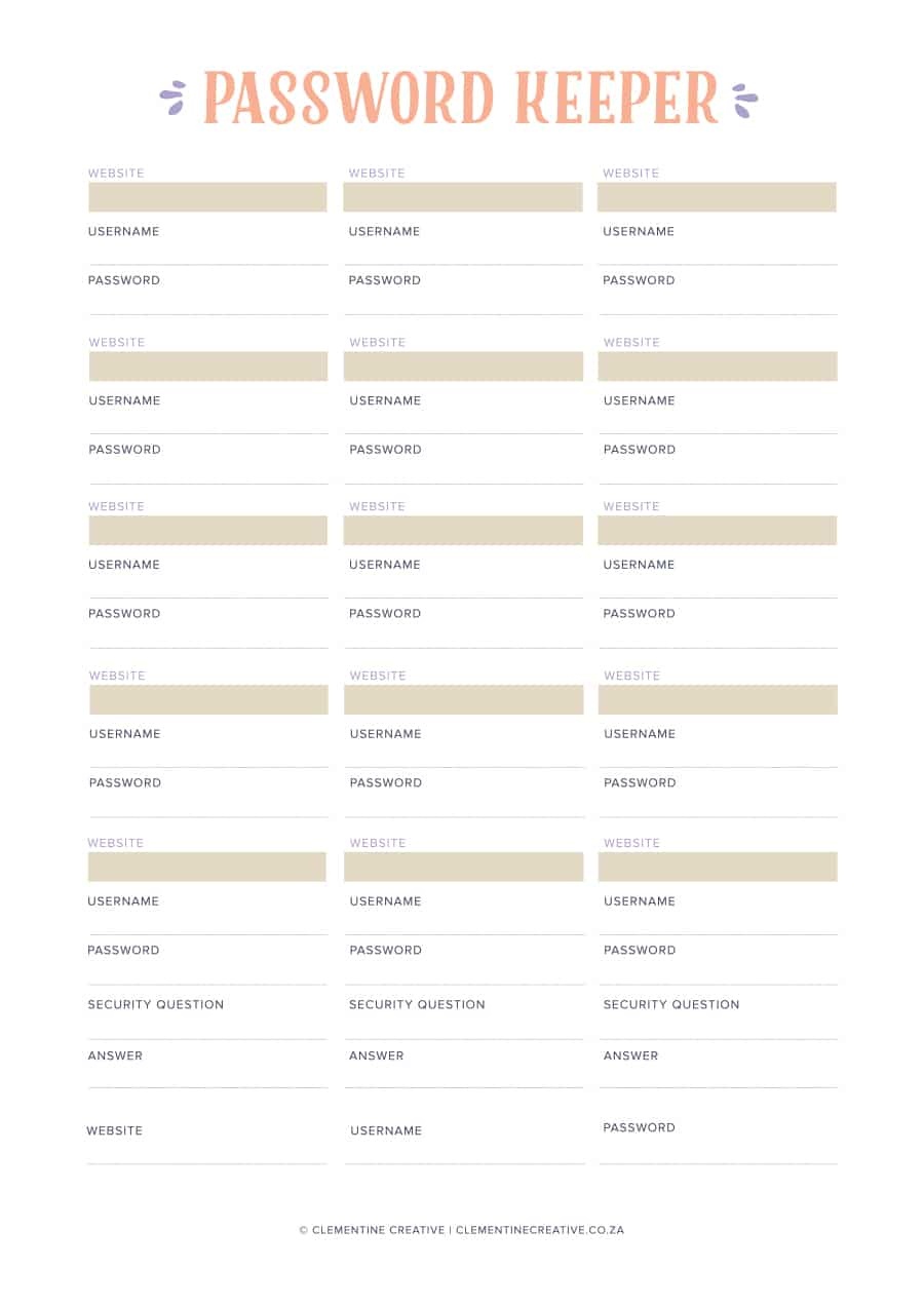 39 Best Password List Templates (Word, Excel &amp;amp; Pdf) ᐅ Template Lab - Free Printable Password Keeper