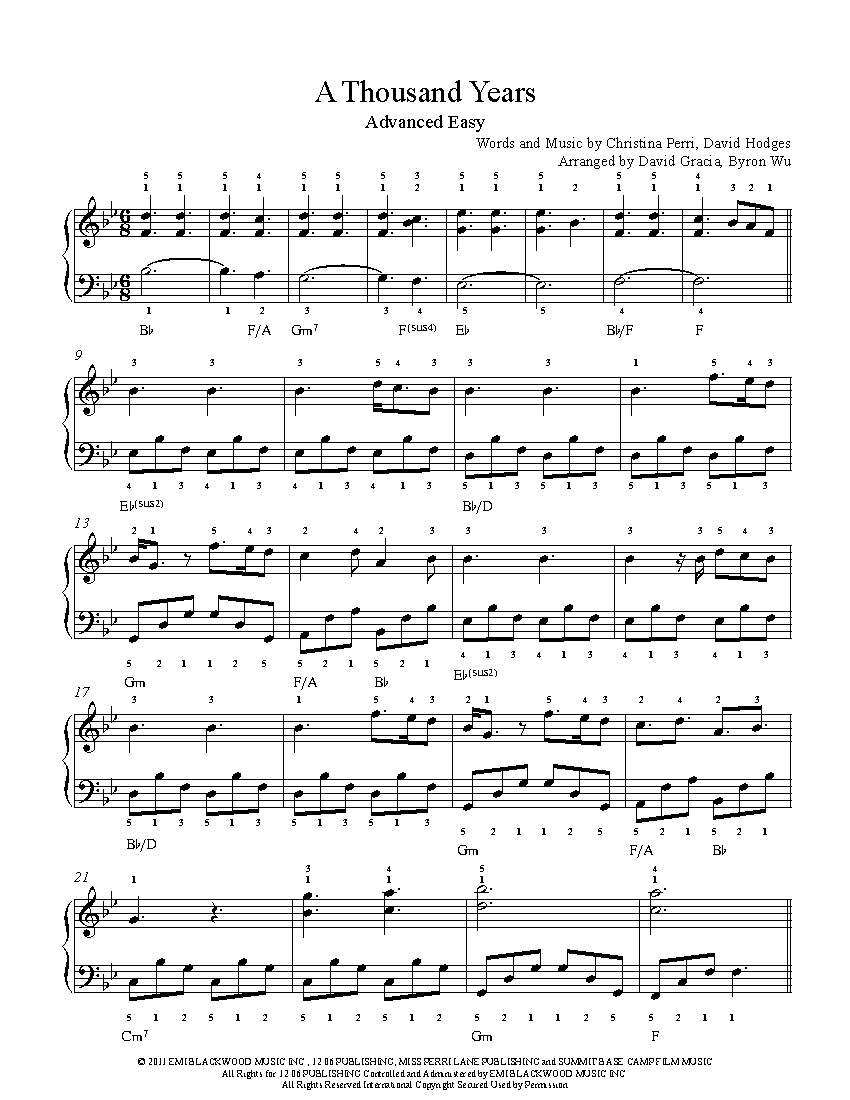 A Thousand Yearschristina Perri Piano Sheet Music | Advanced Level - Piano Sheet Music For Beginners Popular Songs Free Printable