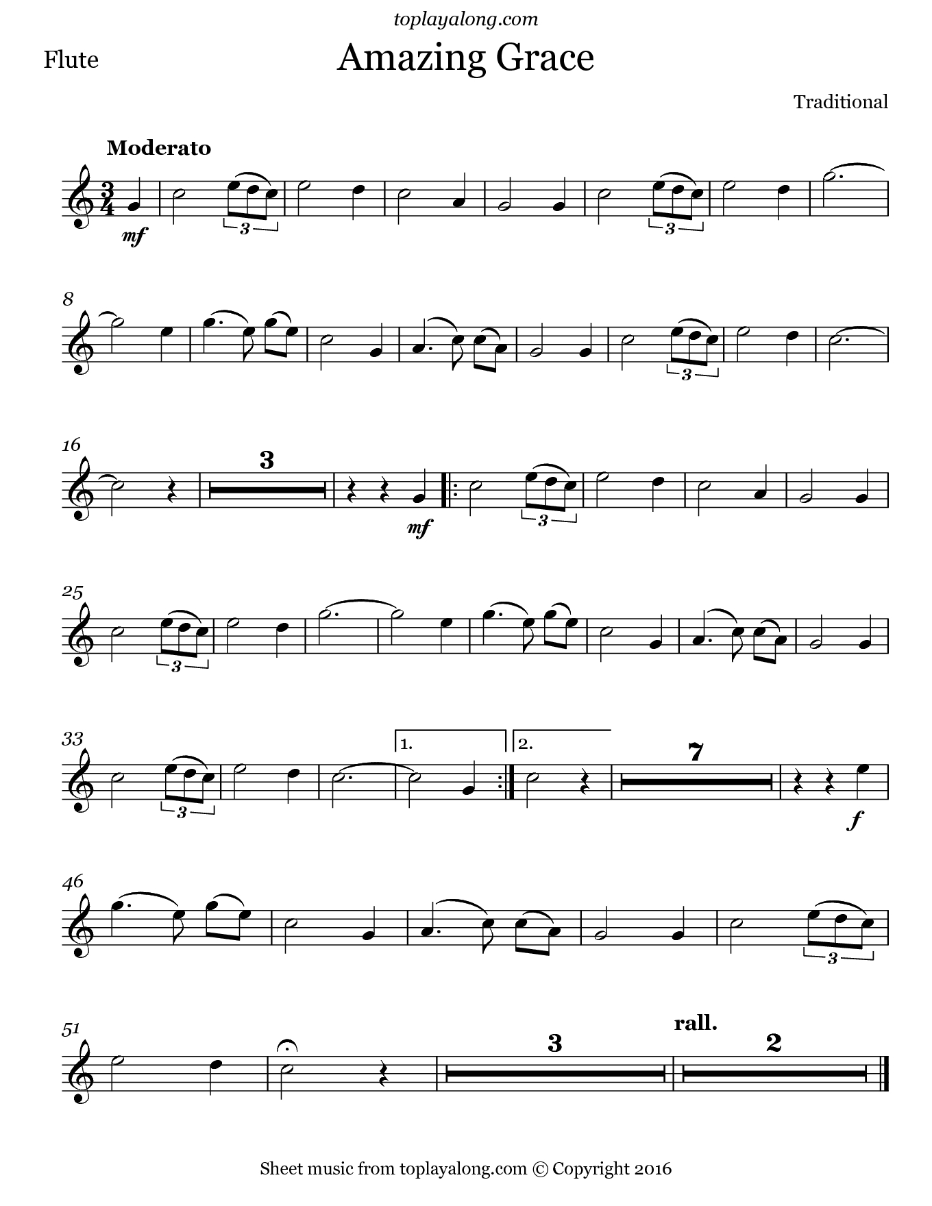 Amazing Grace Toplayalong Free Printable Flute Music Free Printable