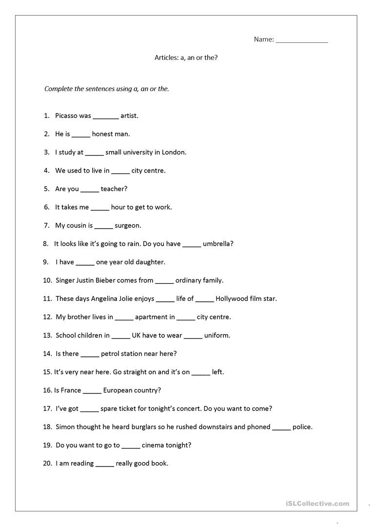 Articles Worksheet (A, An, The) Includes Answers. Worksheet - Free - Free Printable Worksheets For Highschool Students