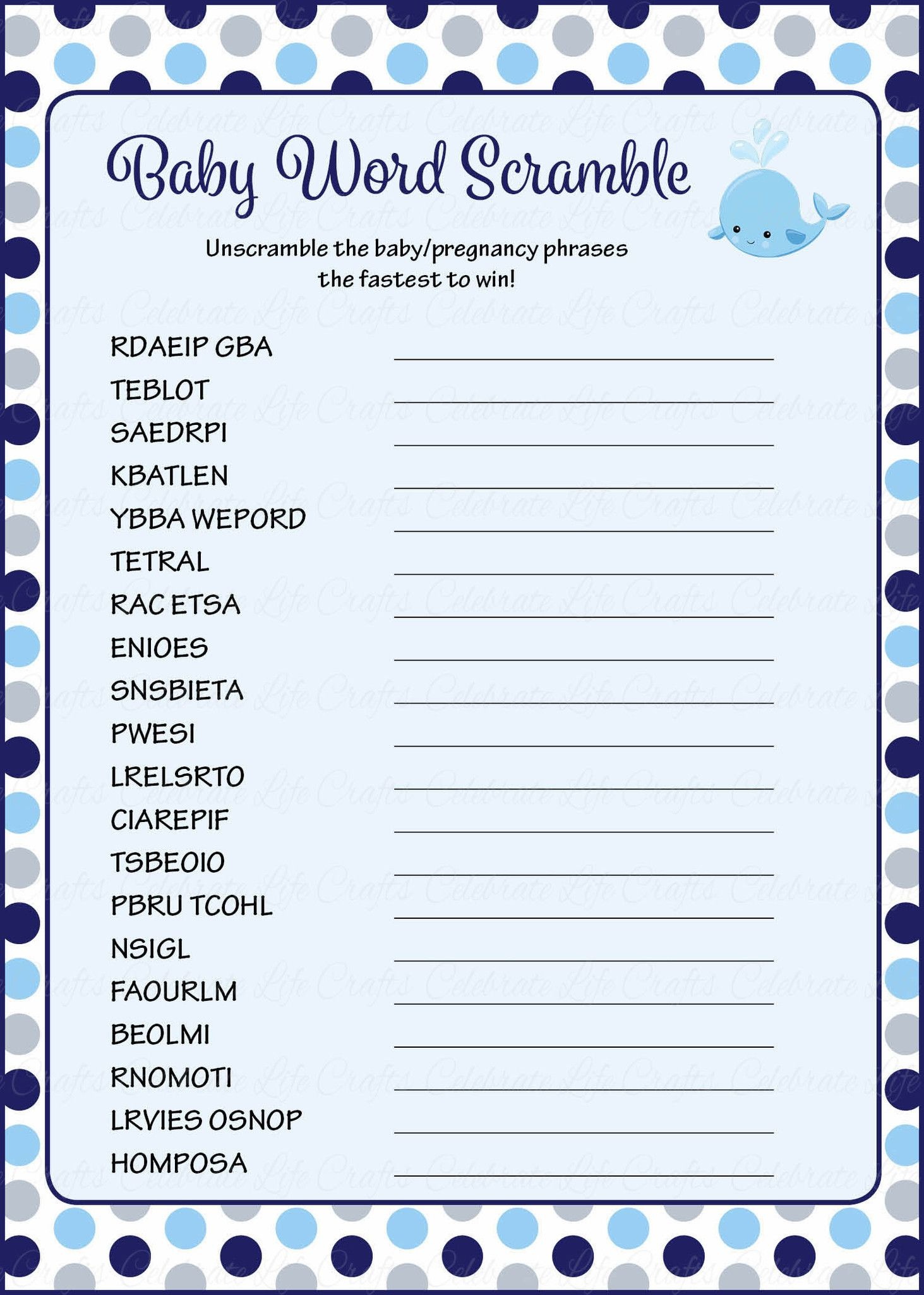 Baby Word Scramble - Printable Download - Navy Gray Whale Baby - Free Printable Baby Shower Games Word Scramble