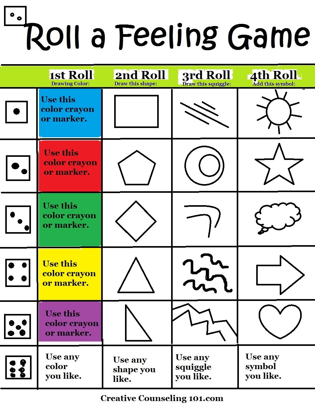 Beyond Art Therapy Roll-A-Feelings Game - Free Printable Counseling Worksheets