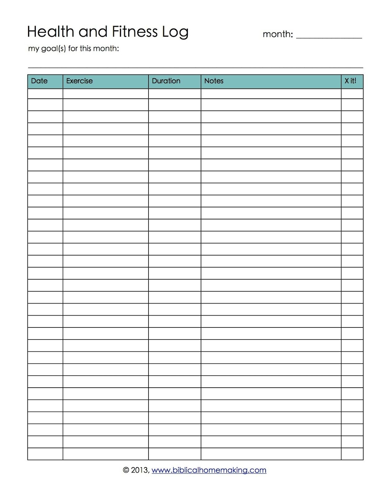 Biblical Homemaking: Health And Fitness Log Printable With Free - Free Printable Fitness Log