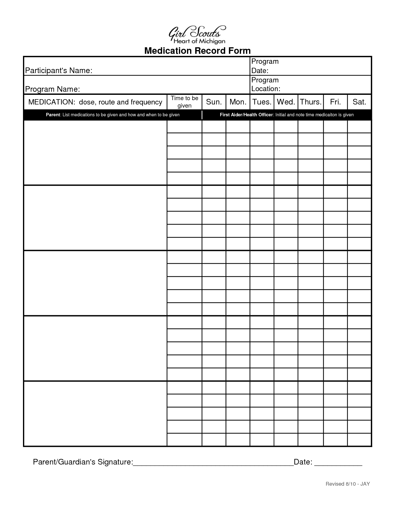 Blank Medication Administration Record Template | Medical - Free Printable Caregiver Forms