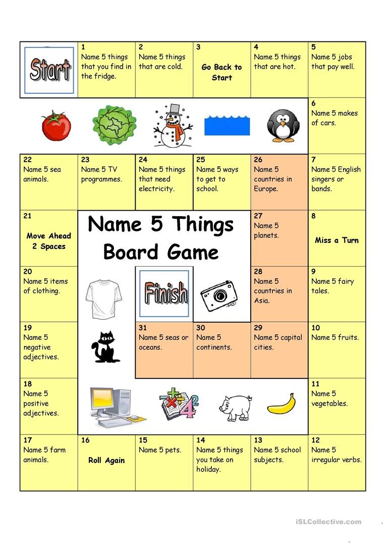 Board Game - Name 5 Things Worksheet - Free Esl Printable Worksheets - Free Printable Board Games