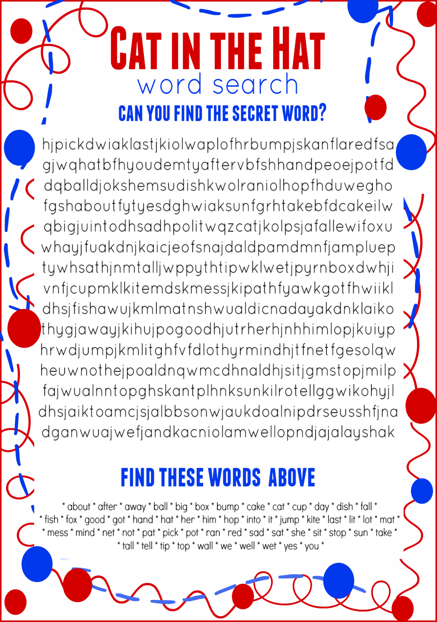 Cat In The Hat Word Search Free Printable Dr. Seuss Birthday - Cat In The Hat Free Printable Worksheets