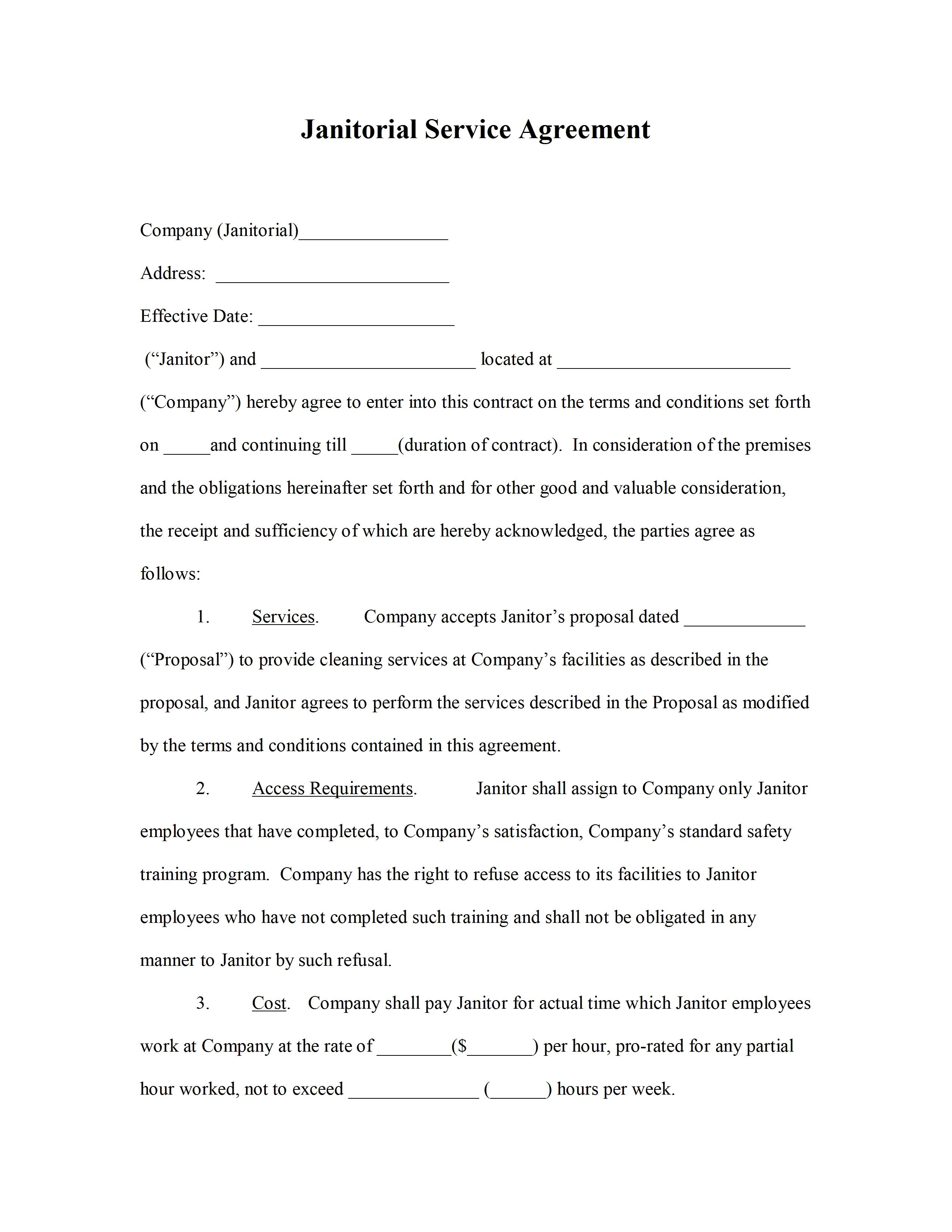 Cleaning Service Agreement Template: Janitorial Service Agreement - Free Printable Service Contract Forms