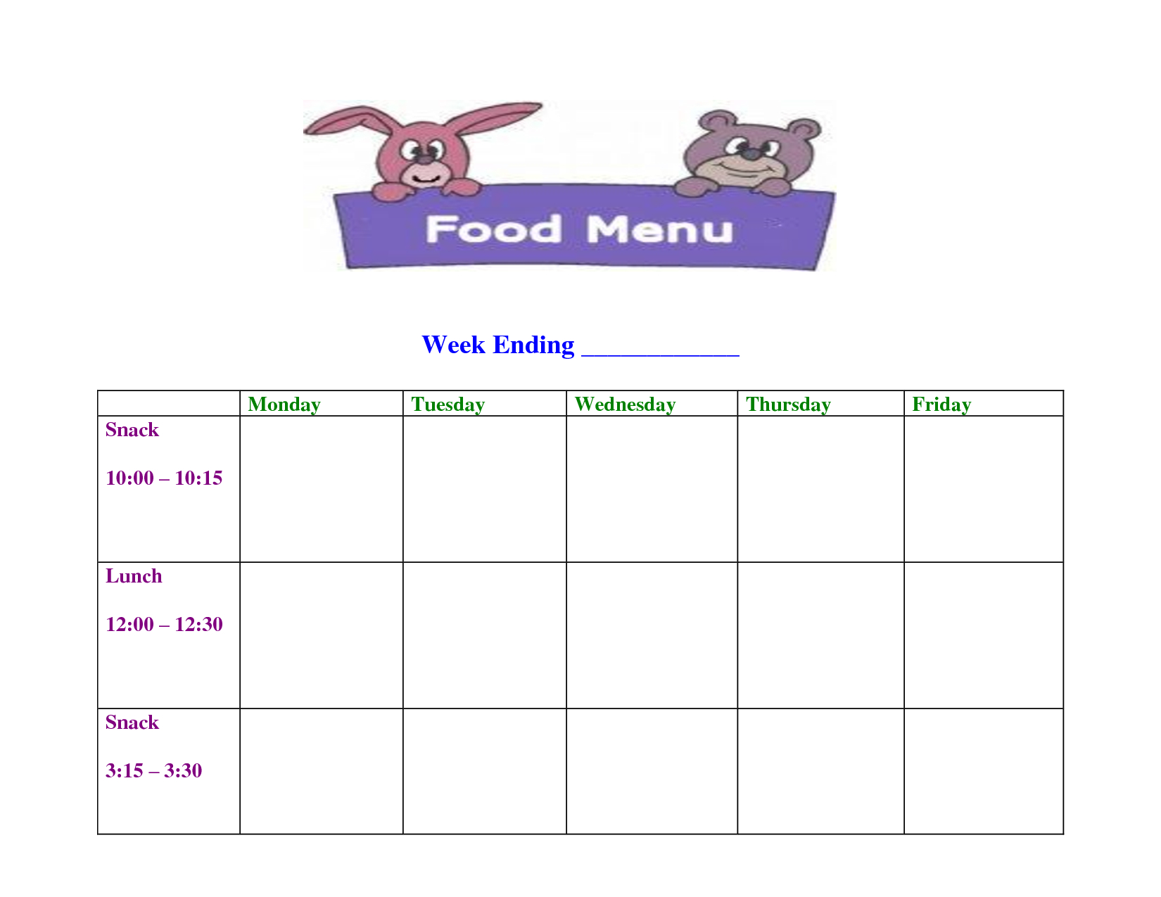 Day Care Blank Menu Template | Mo | Weekly Menu Template, School - Free Printable Daycare Menus