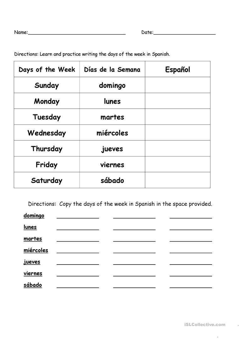 Days Of The Week In Spanish Worksheet - Free Esl Printable - Free Printable Elementary Spanish Worksheets