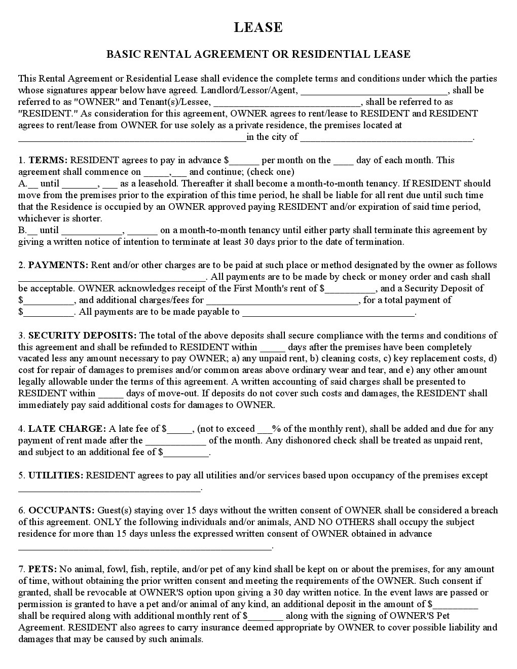 Download Free Basic Rental Agreement Or Residential Lease - Free Printable Basic Rental Agreement