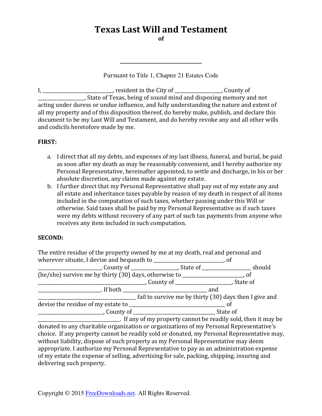 Download Texas Last Will And Testament Form | Pdf | Rtf | Word - Free Printable Last Will And Testament Blank Forms