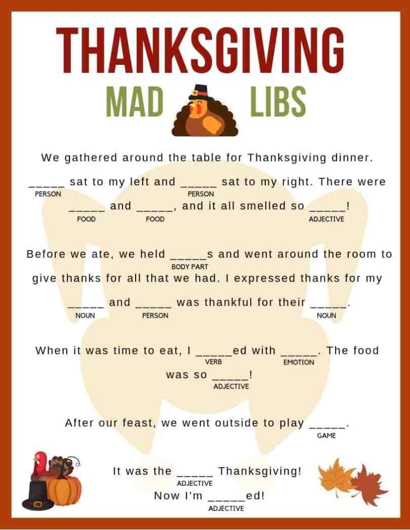 Celebrating Thanksgiving Mad Lib Woo Jr Kids Activities Free