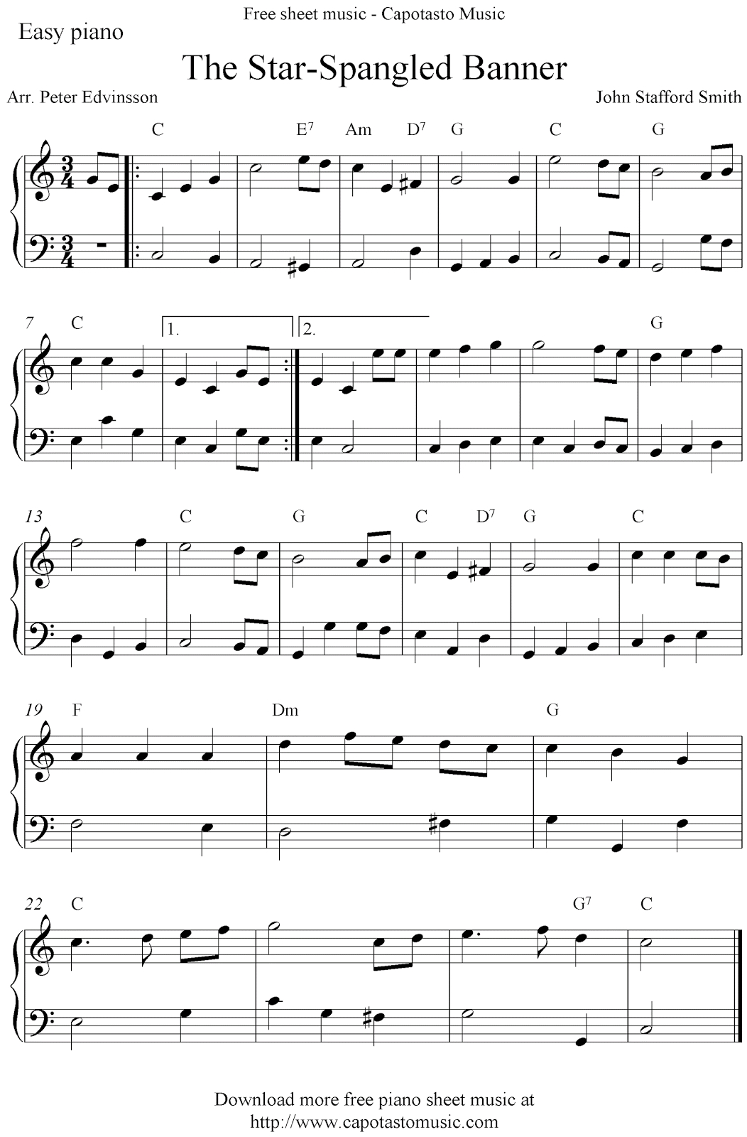 Easy Free Piano Sheet Music Solo Arrangementpeter Edvinsson Of - Free Printable Piano Sheet Music For The Star Spangled Banner