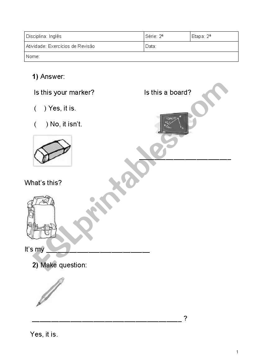 English Worksheets: Test English - Portuguese On School Objects - Free Printable Portuguese Worksheets