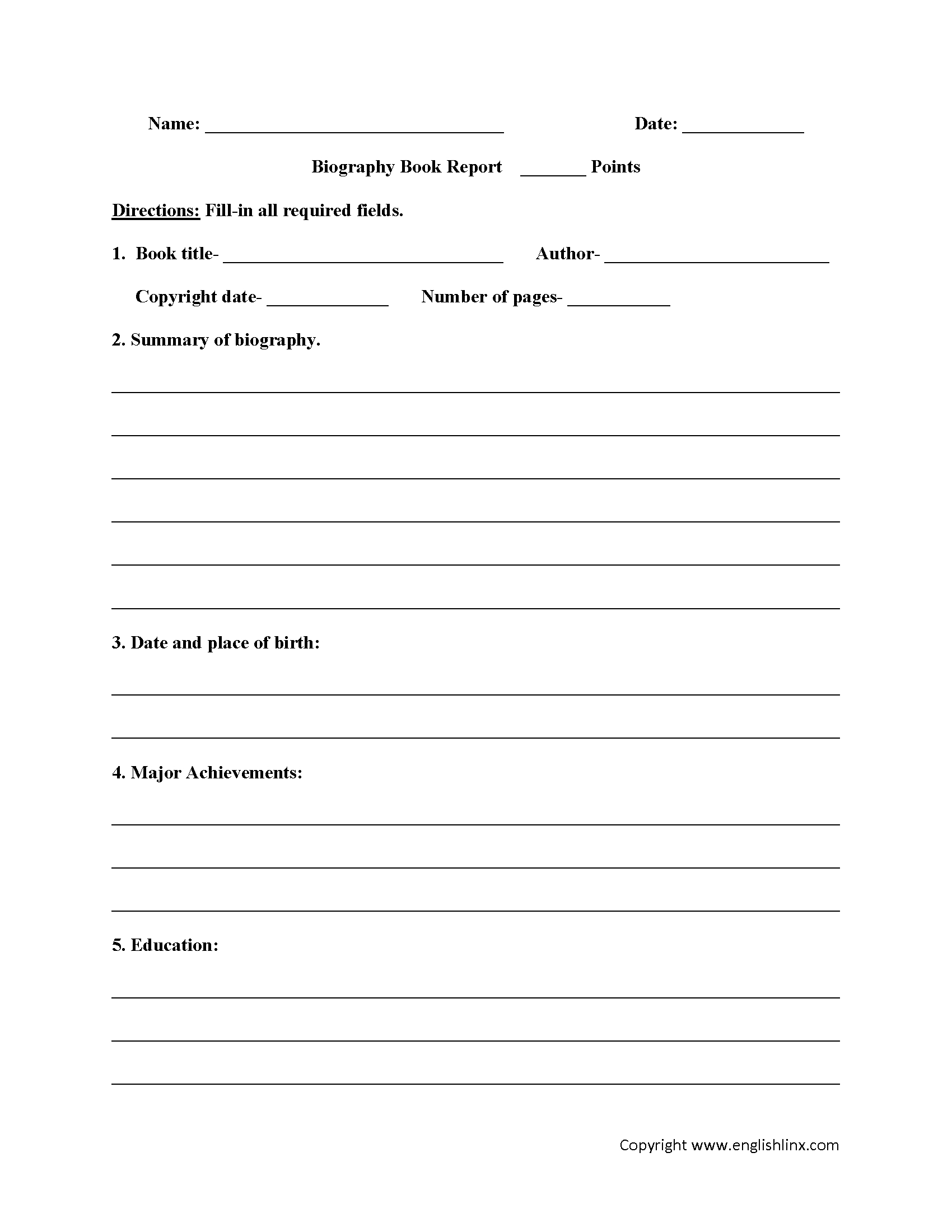 Englishlinx | Book Report Worksheets - Free Printable Books For 5Th Graders