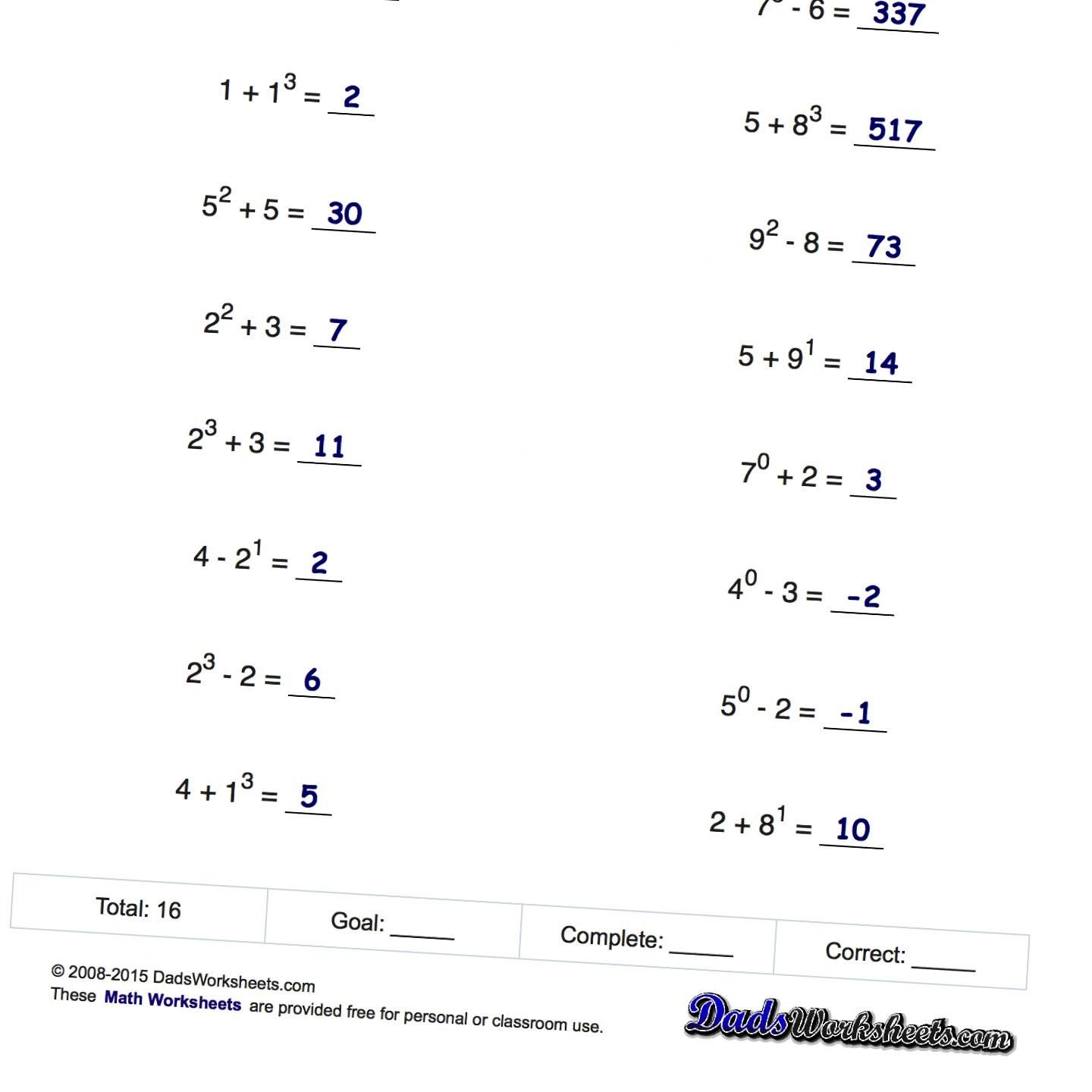 Exponents Worksheets! Mixed Addition And Subtraction With Exponents - Free Printable Mixed Addition And Subtraction Worksheets