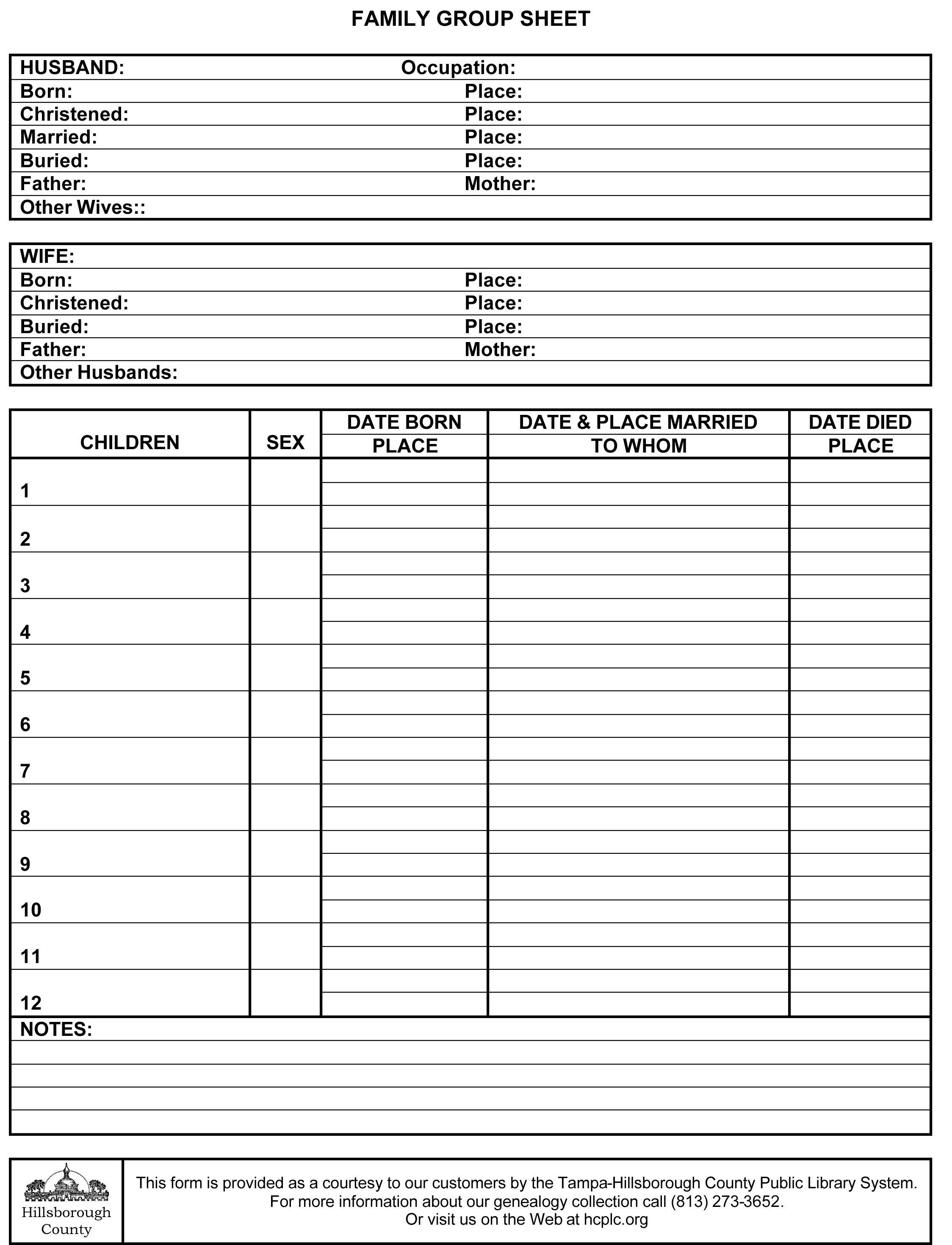 Family Group Sheet- Compile Information About An Ancestor And His - Free Printable Genealogy Worksheets