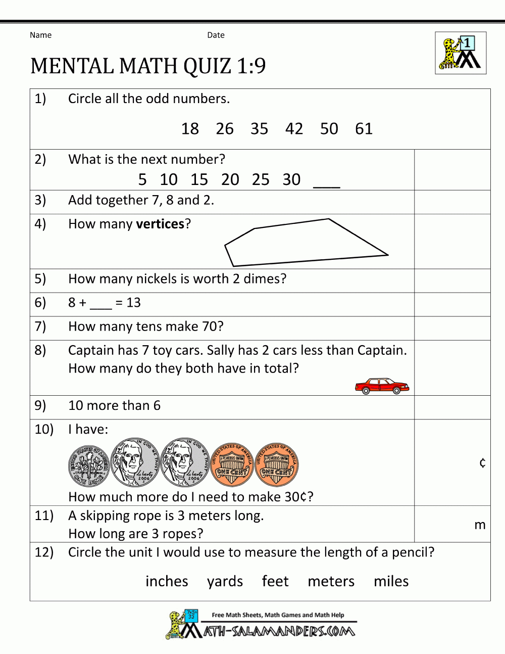 First Grade Mental Math Worksheets - Grade 9 Math Worksheets Printable Free With Answers