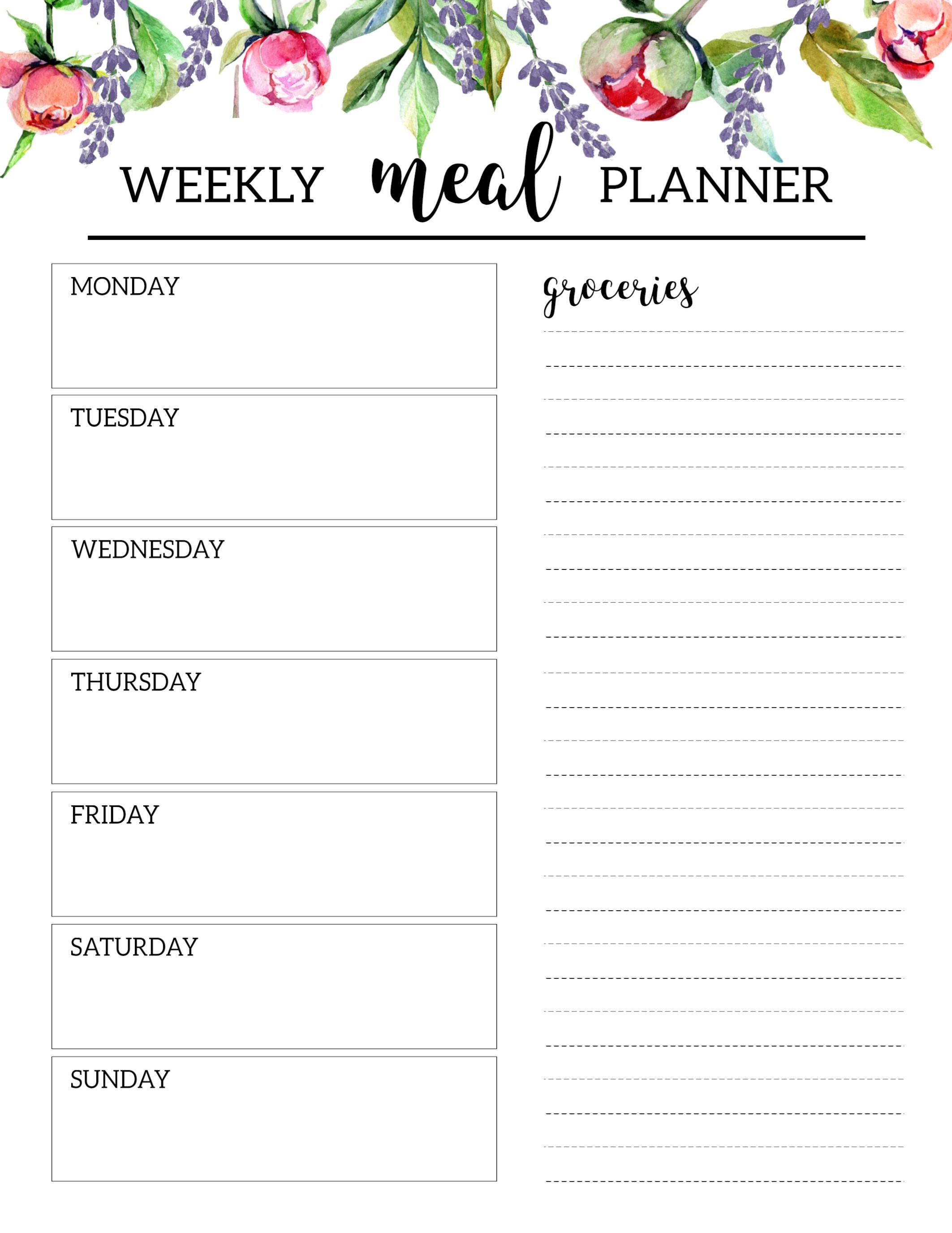 Floral Free Printable Meal Planner Template - Paper Trail Design - Free Printable Menu