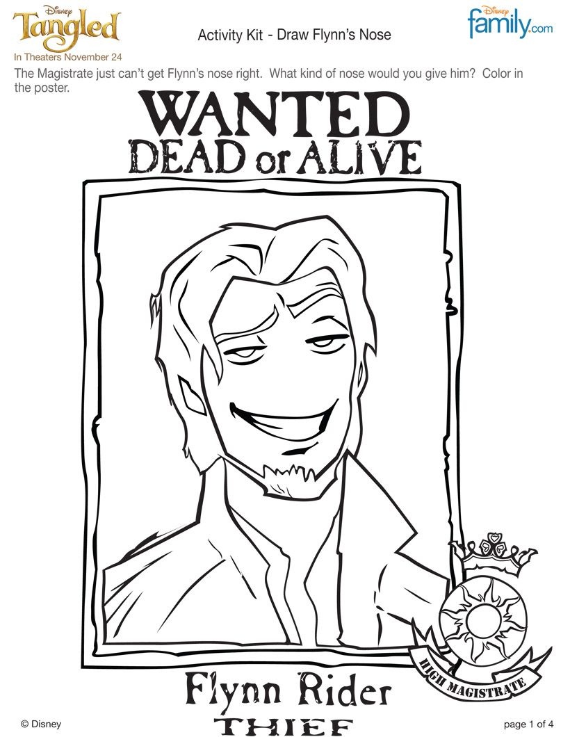 Flynn Rider Coloring Page. Blow This Up For Pin The Nose On Flynn - Free Printable Flynn Rider Wanted Poster