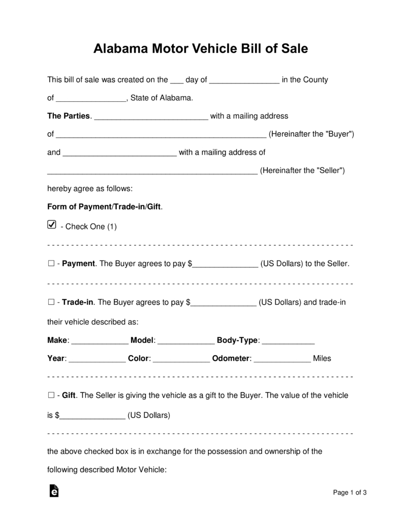 Free Alabama Motor Vehicle Bill Of Sale Form - Word | Pdf | Eforms - Free Printable Blank Auto Bill Of Sale