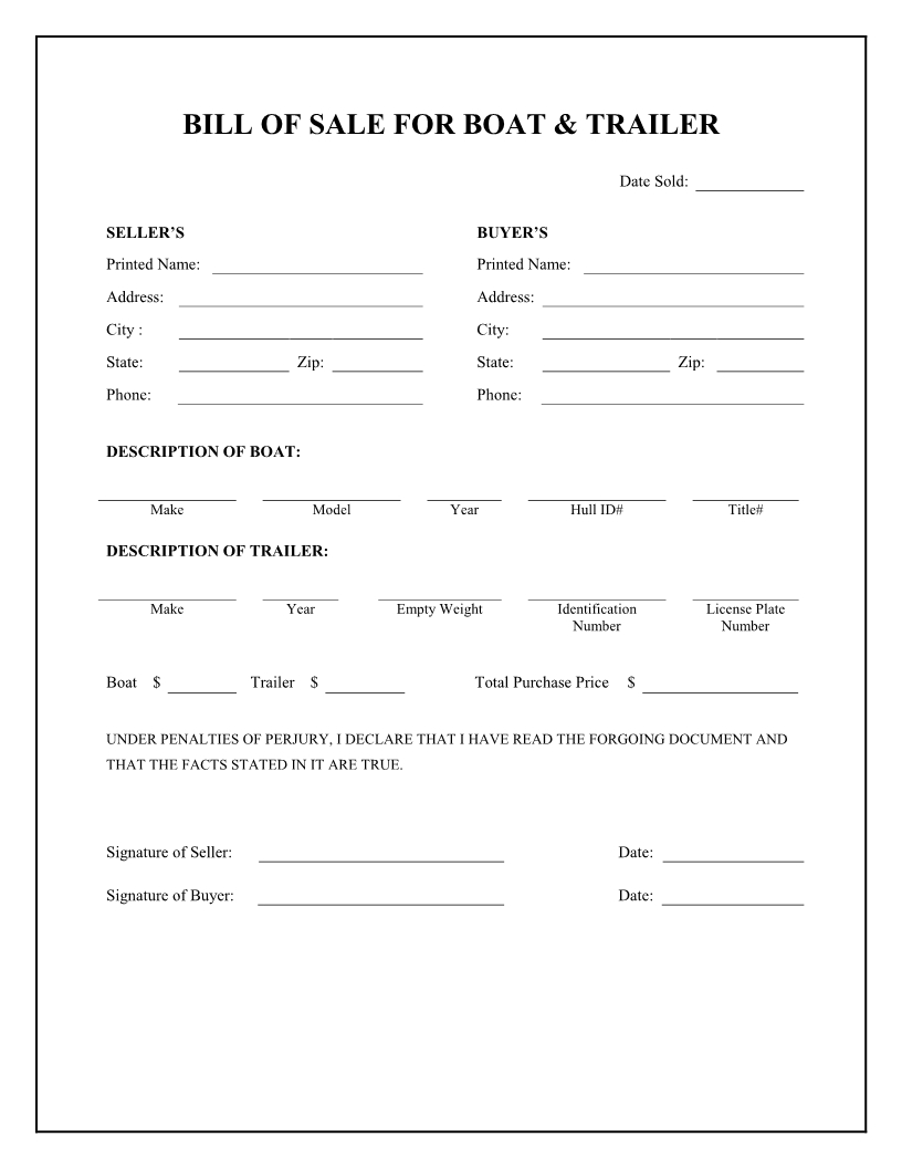 Free Boat &amp;amp; Trailer Bill Of Sale Form - Download Pdf | Word - Free Printable Bill Of Sale Form