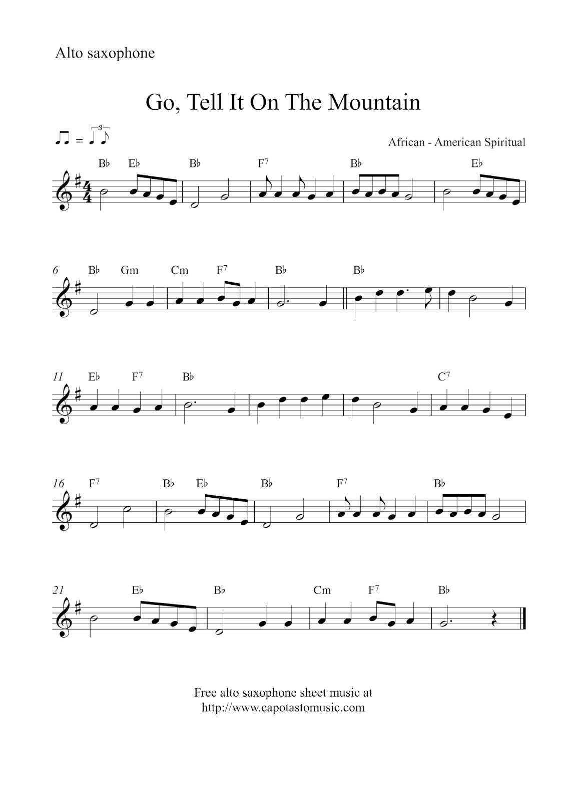 Free Christmas Alto Saxophone Sheet Music - Go, Tell It On The Mountain - Free Printable Alto Saxophone Sheet Music