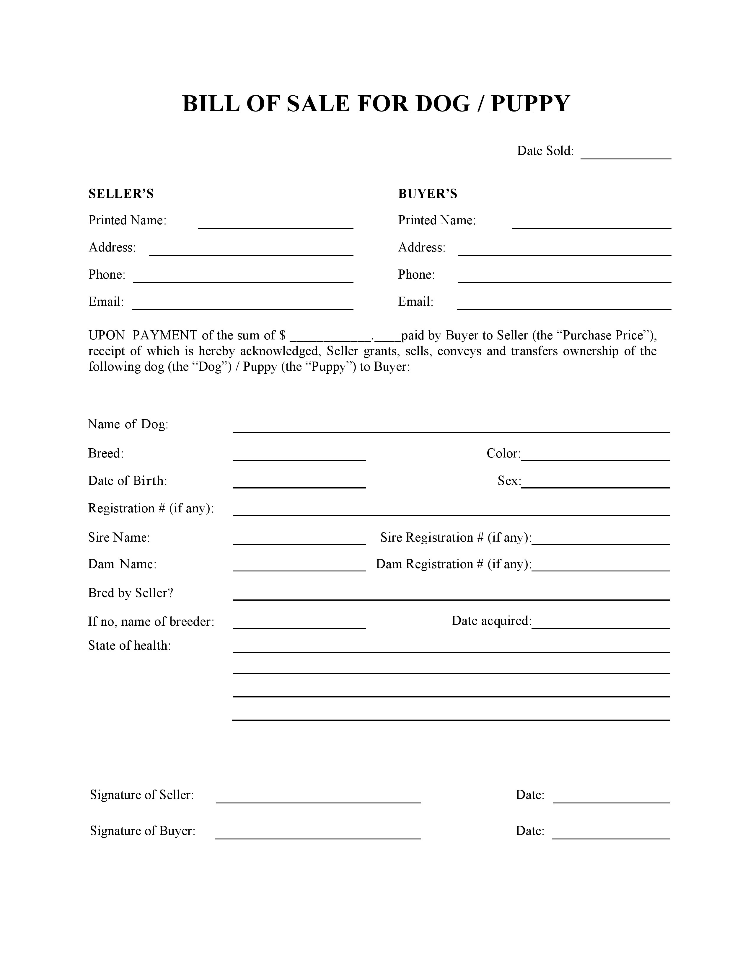 Free Dog Or Puppy Bill Of Sale Form | Pdf | Docx - Free Printable Puppy Sales Contract