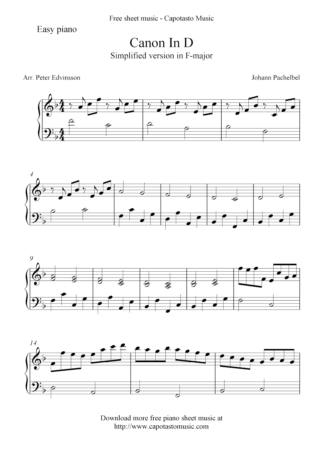 Free Easy Piano Sheet Music Solo. This Is A Simplified And Shortened - Canon In D Piano Sheet Music Free Printable