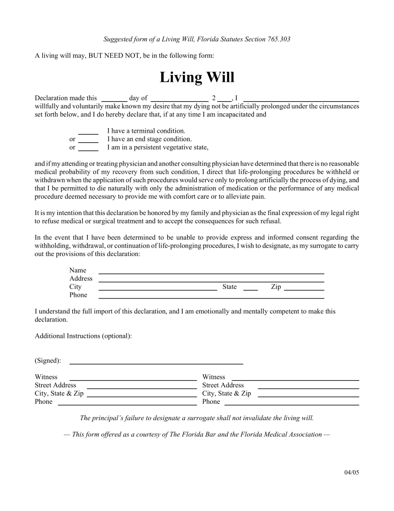 Free Florida Living Will Form - Pdf | Eforms – Free Fillable Forms - Free Printable Last Will And Testament Blank Forms