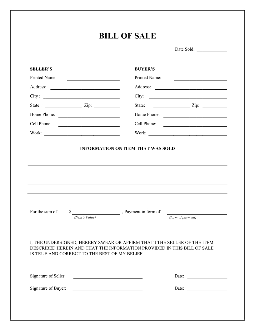 Free General Bill Of Sale Form - Download Pdf | Word - Free Printable Bill Of Sale Form