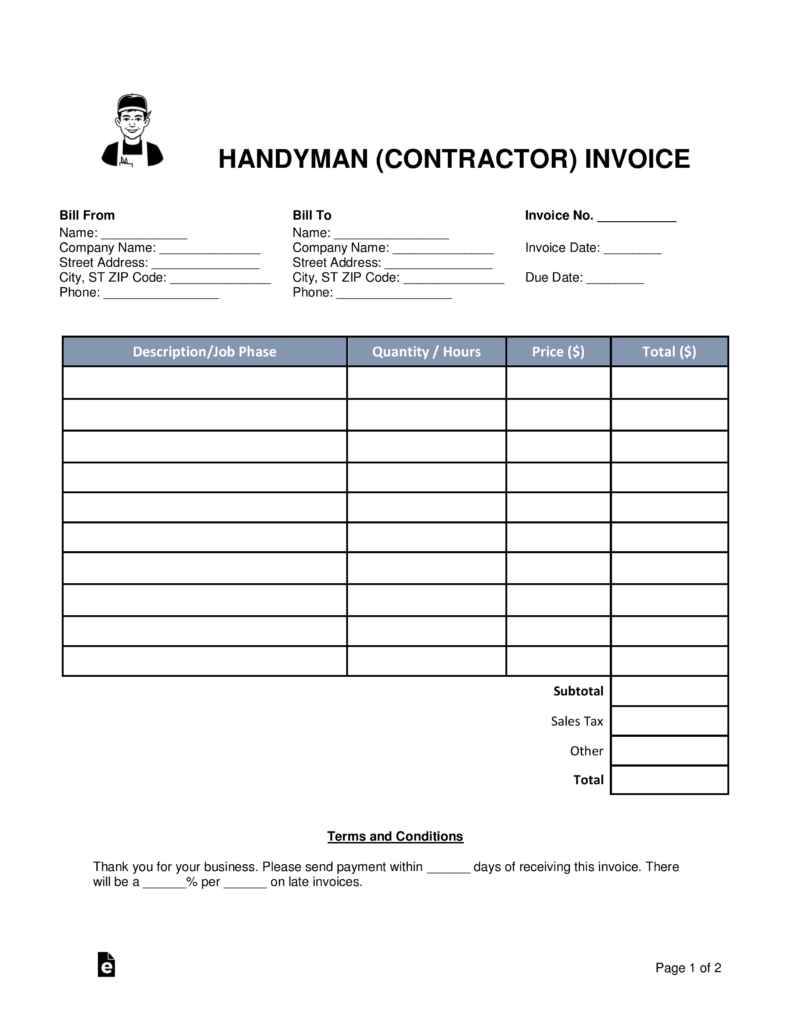 Free Handyman (Contractor) Invoice Template Word Pdf Eforms