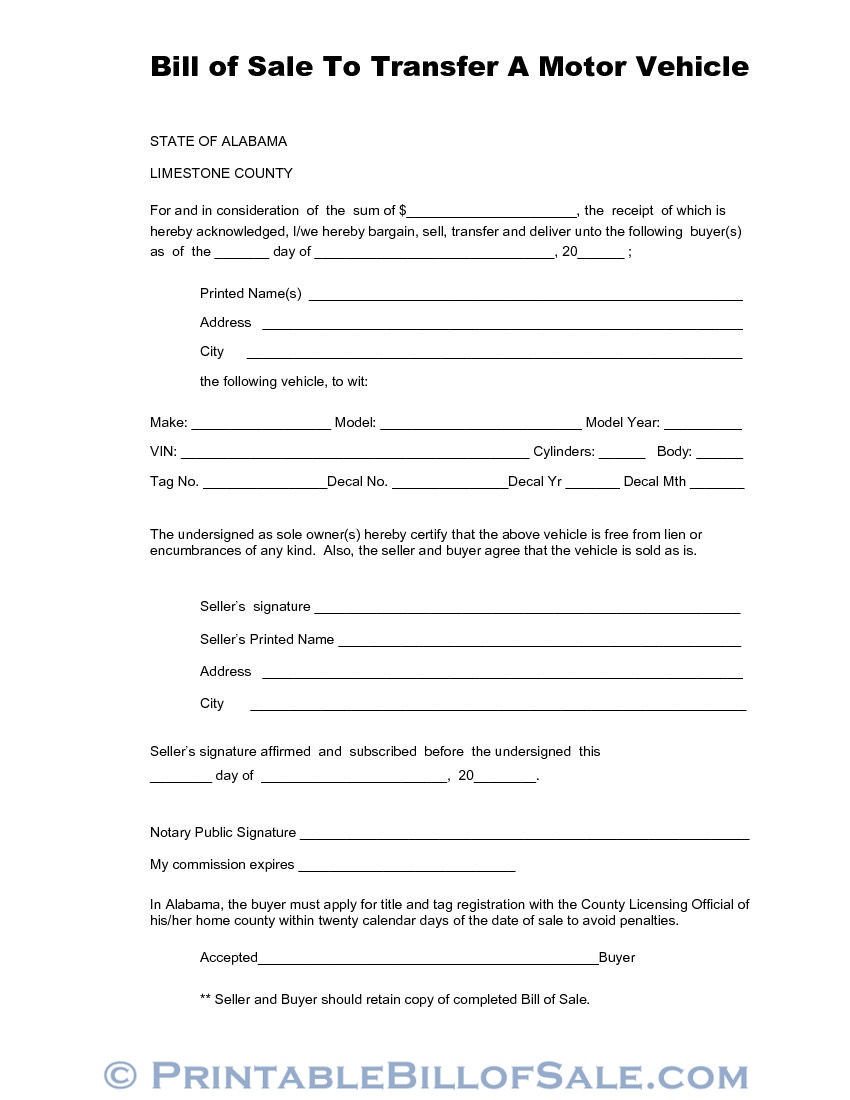 Free Limestone County Alabama Vehicle Bill Of Sale Form | Download - Free Printable Vehicle Bill Of Sale