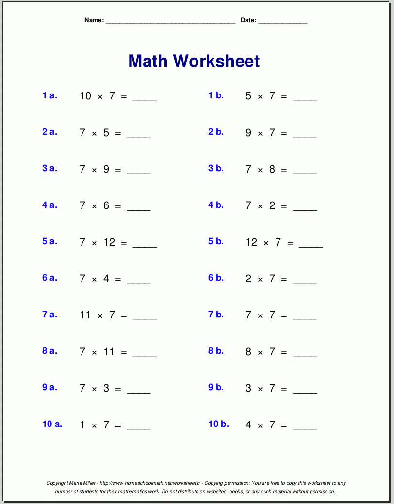 Free Math Worksheets - Free Printable Multiplication Fact Sheets