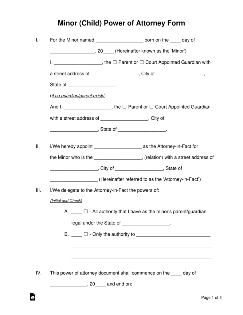 Free Minor (Child) Power Of Attorney Forms - Pdf | Word | Eforms - Free Printable Legal Documents Forms