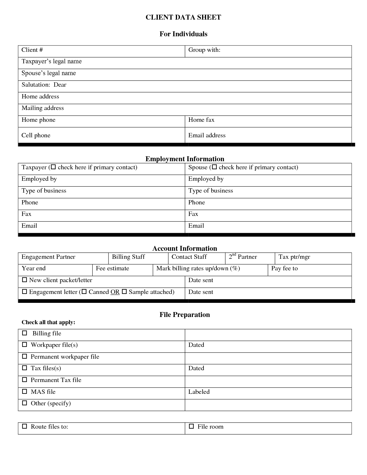 Free Personal Information Forms | Client Data Sheet For Individuals - Free Printable Data Sheets