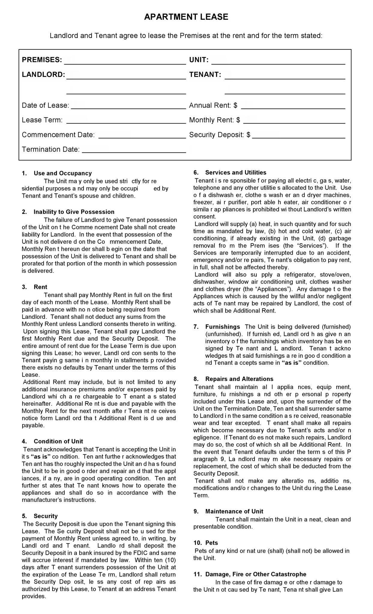 Apartment Lease Agreement Free Printable Free Printable