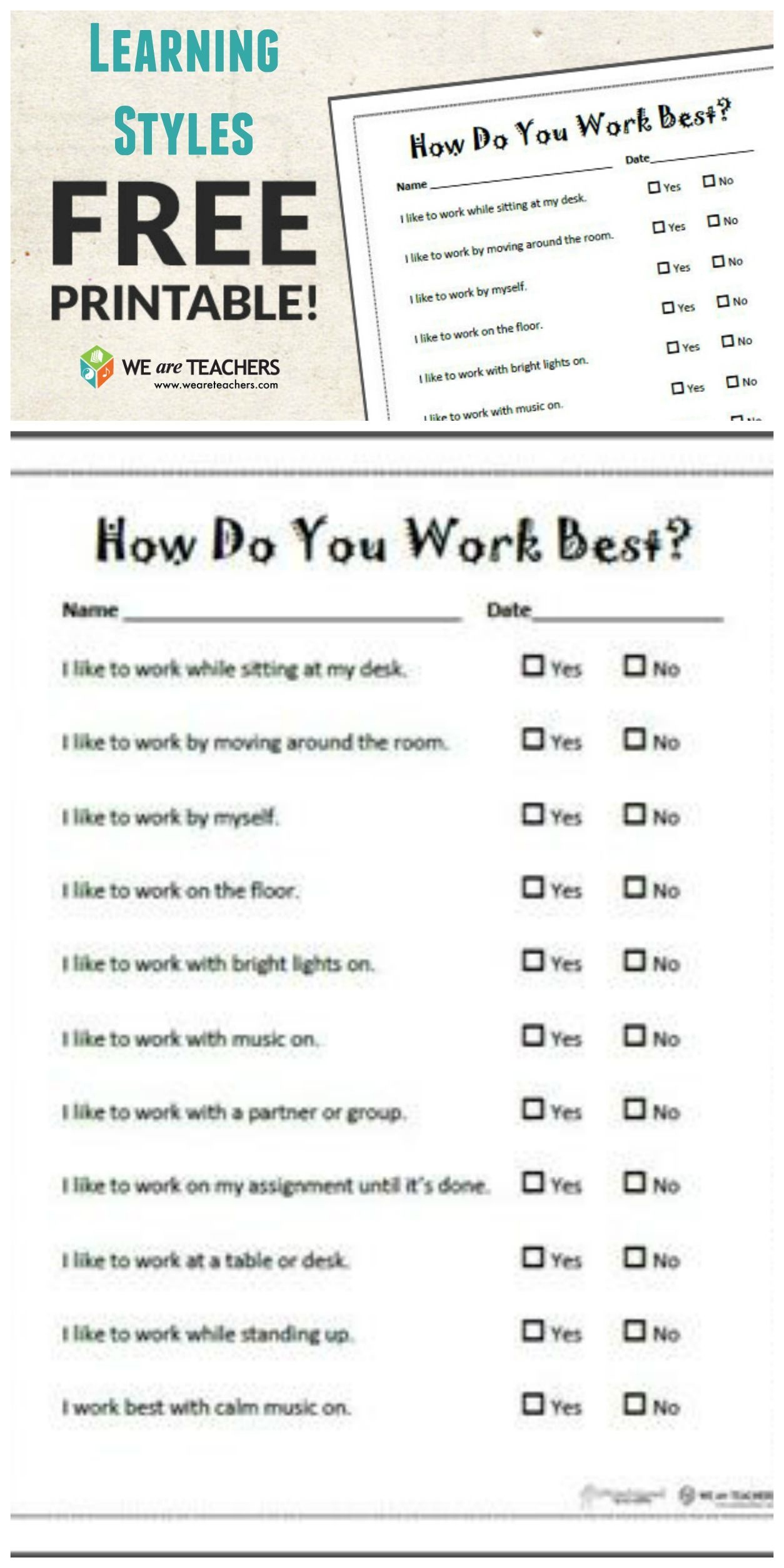 Free Printable Learning Styles Questionnaire