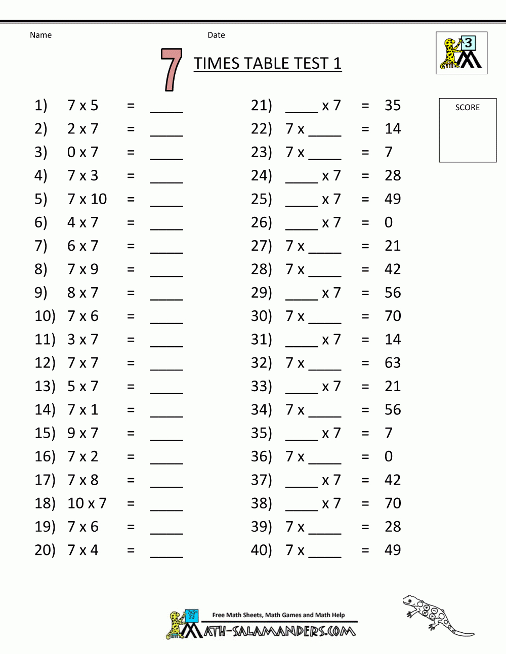 Free Printable Math Sheets 7 Times Table Test 1 | Korrutustabel - Free Printable Addition Worksheets