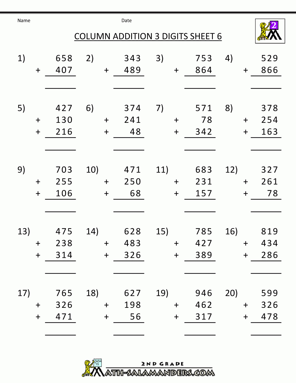 Free-Printable-Math-Worksheets-Column-Addition-3-Digits-6.gif (1000 - Free Printable Time Worksheets For Grade 3