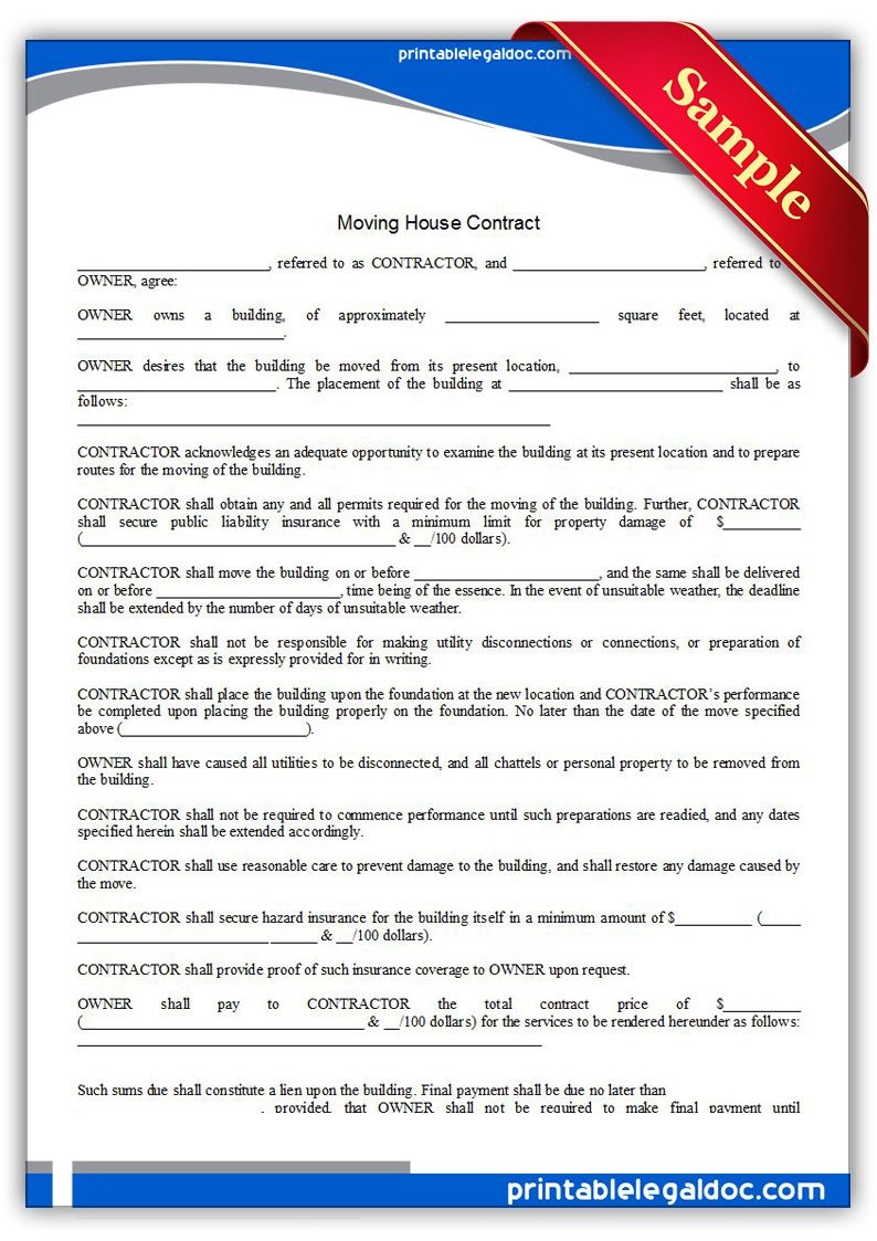 Free Printable Moving House Contract Legal Forms | Free Legal Forms - Free Printable Legal Forms California
