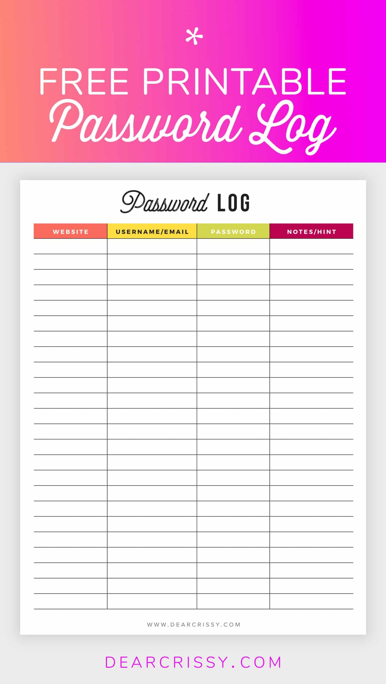 Free Printable Password Log - Organize Your Life Printables! - Free Printable Password Keeper