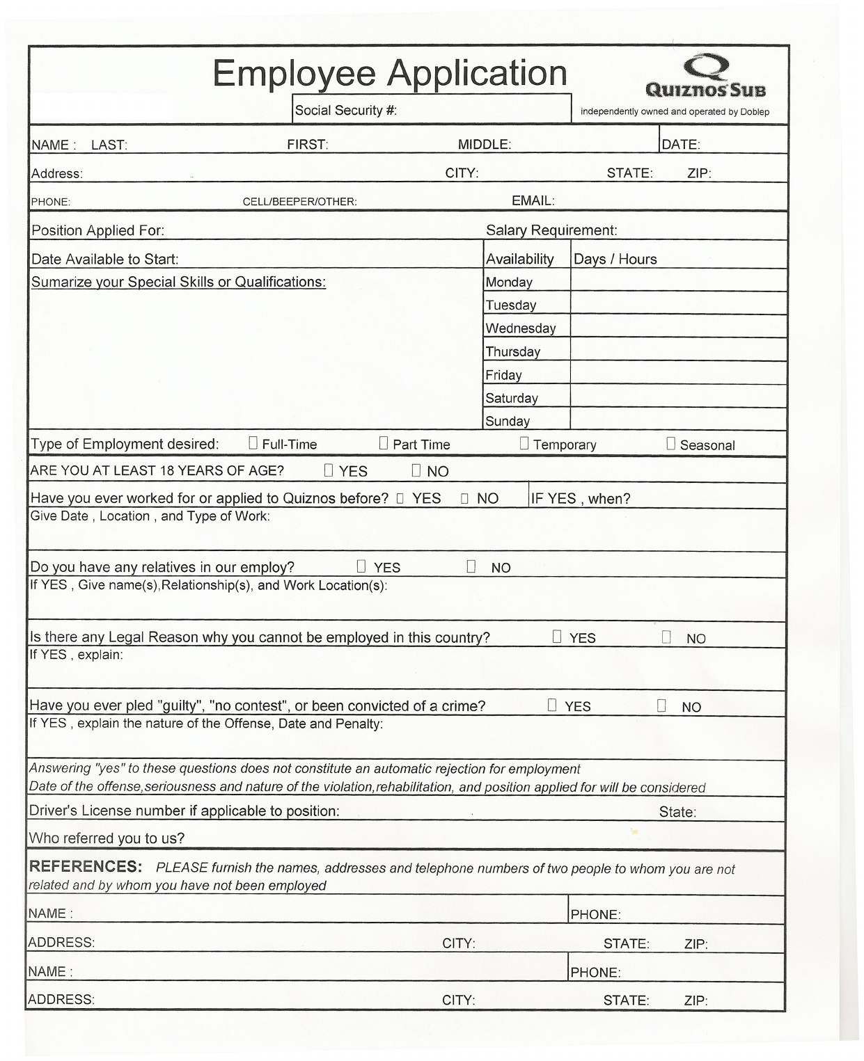 Free Printable Quiznos Job Application Form - Free Printable Taco Bell Application
