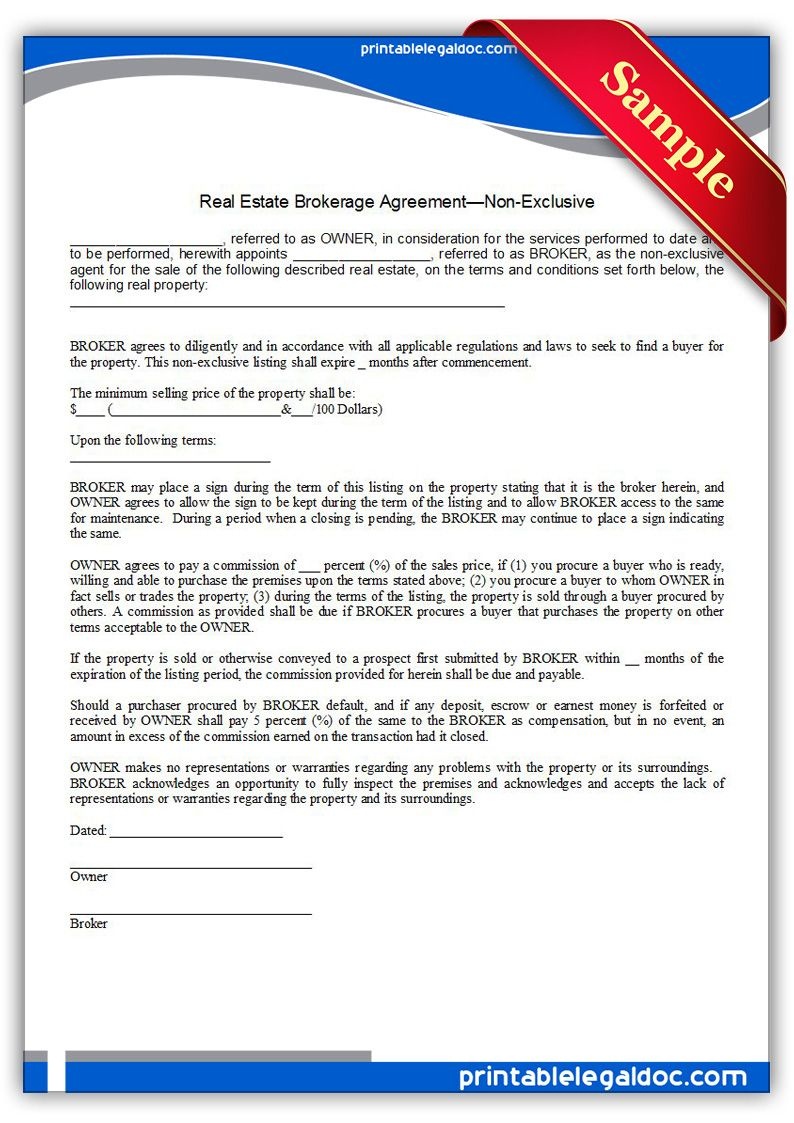 Free Printable Real Estate Brokerage Agreement, Non Exclusive - Find Free Printable Forms Online