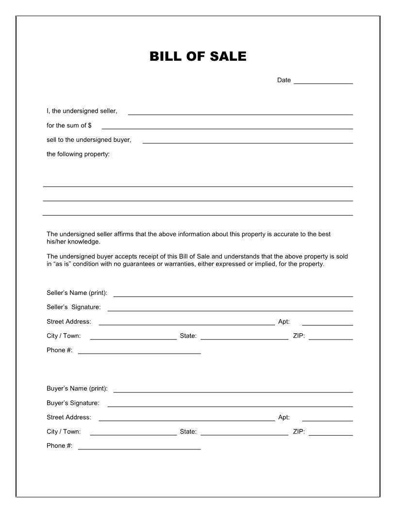 Free Printable Rv Bill Of Sale Form Form (Generic) - Free Printable Bill Of Sale Form