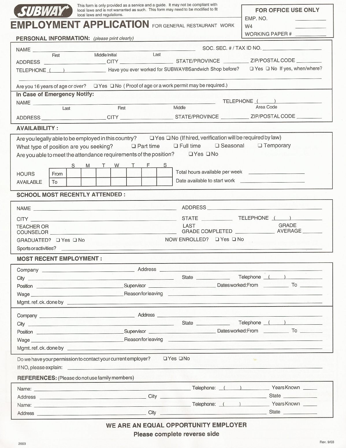 Free Printable Subway Job Application Form - Free Printable Taco Bell Application