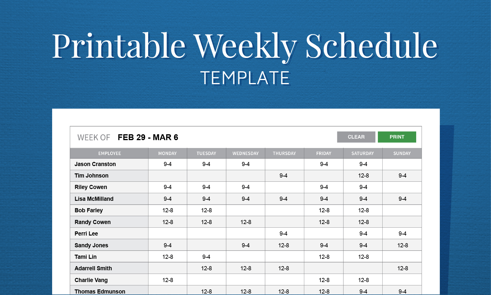 free blank work schedule template