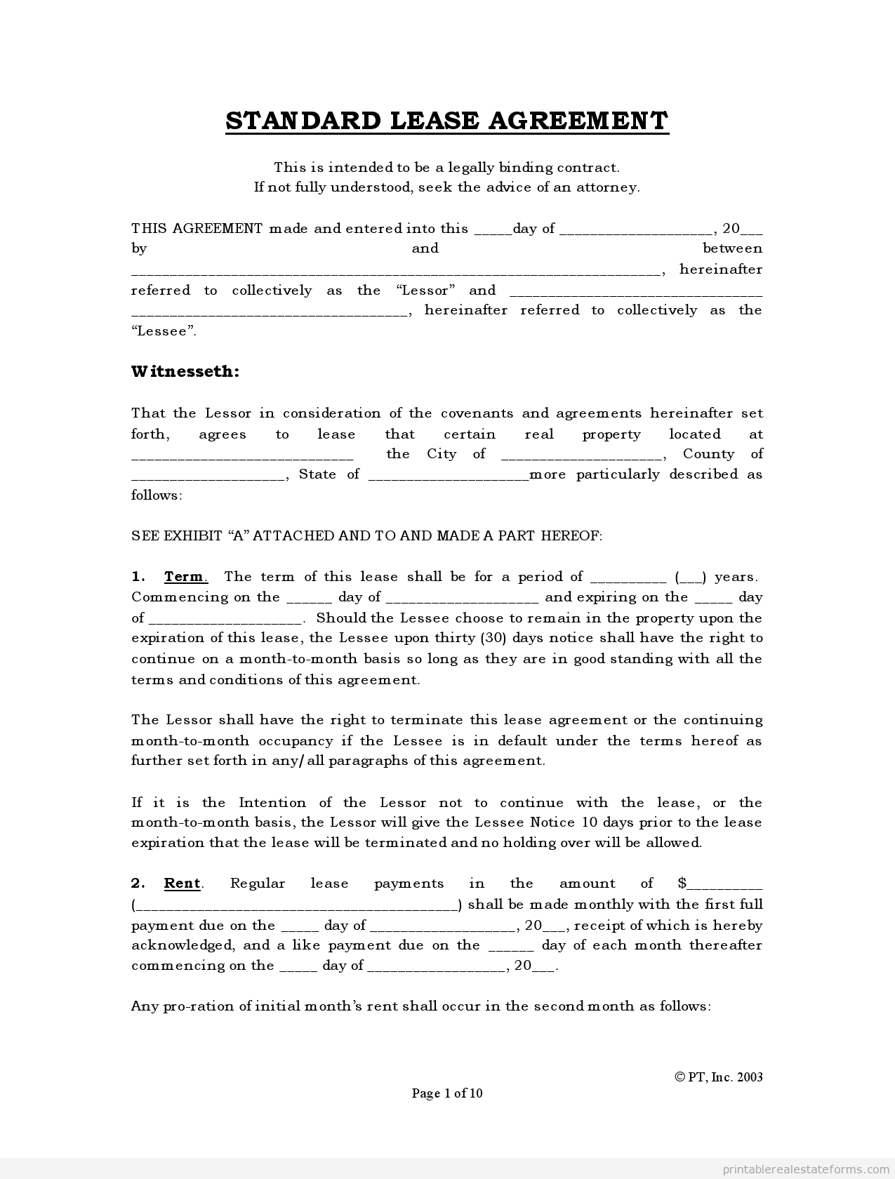 Free Rental Agreements To Print | Free Standard Lease Agreement Form - Free Printable Basic Rental Agreement